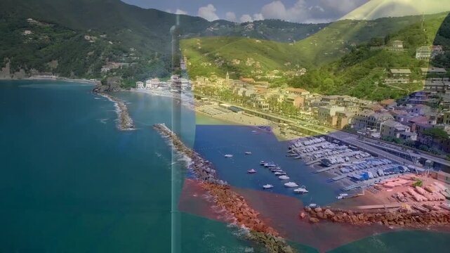 Overlay stripe appearing, polygon sliding, drone shifting right, marina revealing boats for travel