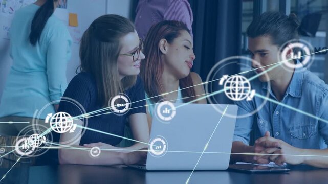 Woman typing on laptop center woman explaining man listening technology nodes overlaying for review