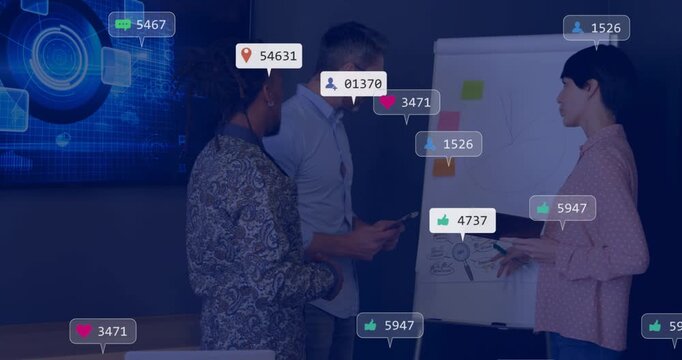 Pointing presenter blouse explaining chart in office, center on tablet, badges appearing for pitch