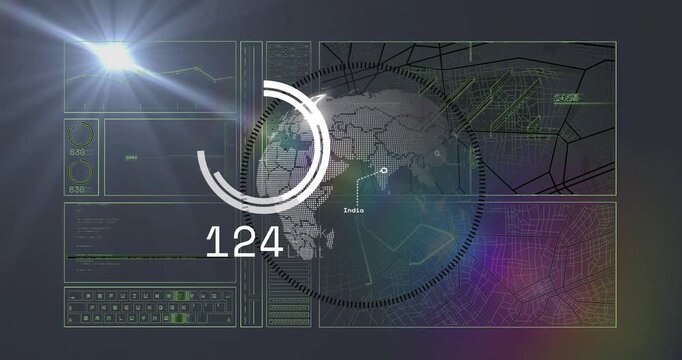 Dotted globe rotating clockwise, activating HUD, filling ring and counting up or down, showing metri