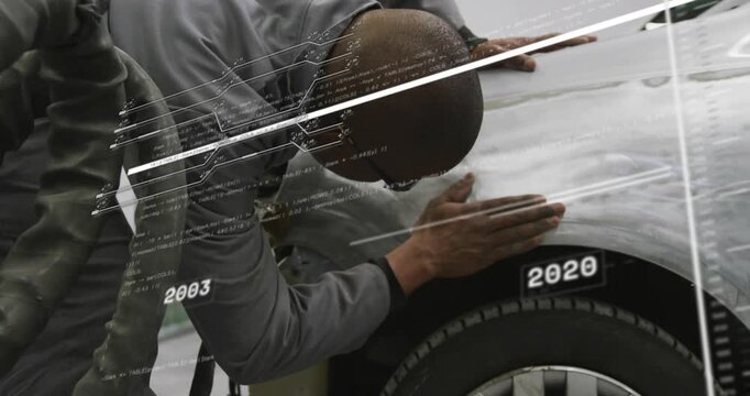 Auto tech leaning on fender HUD 2003-2021 sweeping starting smoothing receding peer holding panel