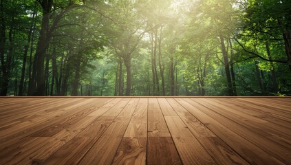 Naklejka premium View of a wooden floor and a sunlit green forest