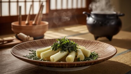 Wakatakeni, a traditional Japanese dish of soft bamboo shoots and wakame seaweed