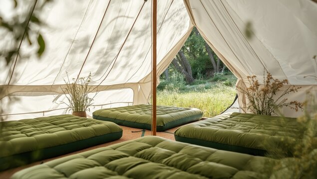 White tent inside for guests with green sleeping bags and air mattresses