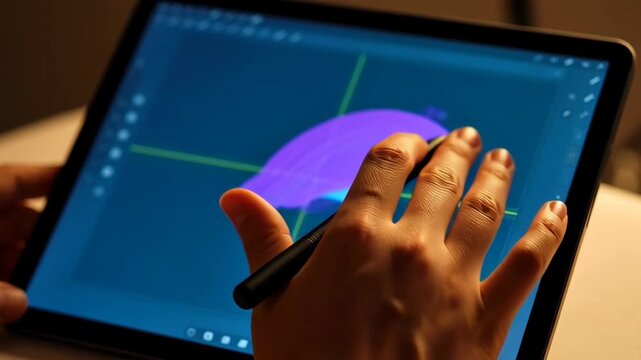 Close-up of hand using stylus pen to draw on tablet screen with graphic design software in dark studio environment