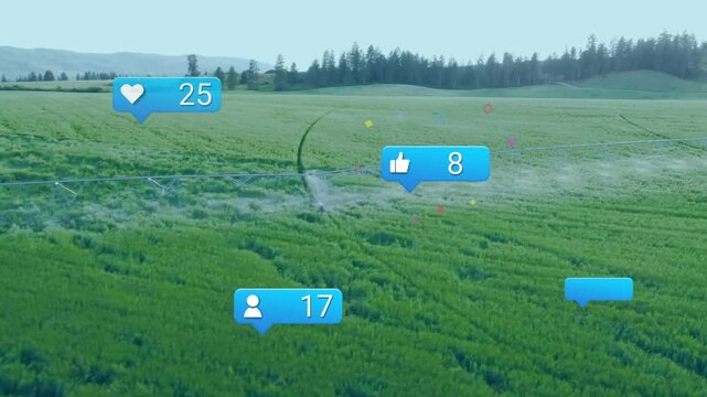 Aerial agriculture field revealing bubble reaction icons appearing on tire track mapping engagement