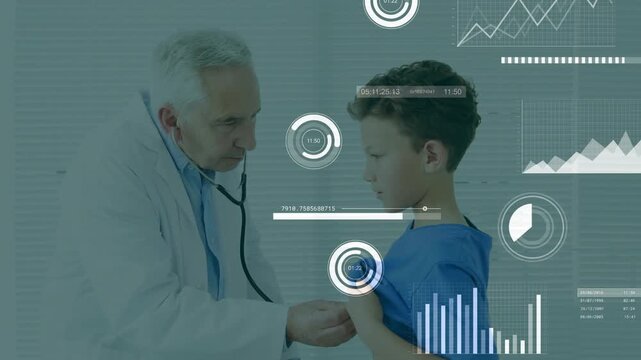 Child lifting blue gown, MD placing steth on chest, listening, medical HUD showing, sharing gesture