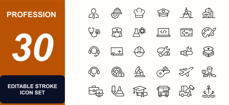 Profession web icons in line style. Worker, engineer, chef, police, architect, programmer, business, office, avatar, employment. Editable stroke. Vector illustration.