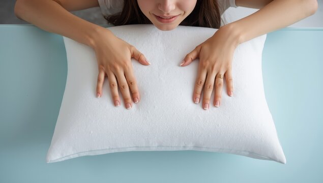 Young woman&rsquo;s hand feeling a white memory foam pillow on a light blue table. Examining firmness. Close-up. Overhead view