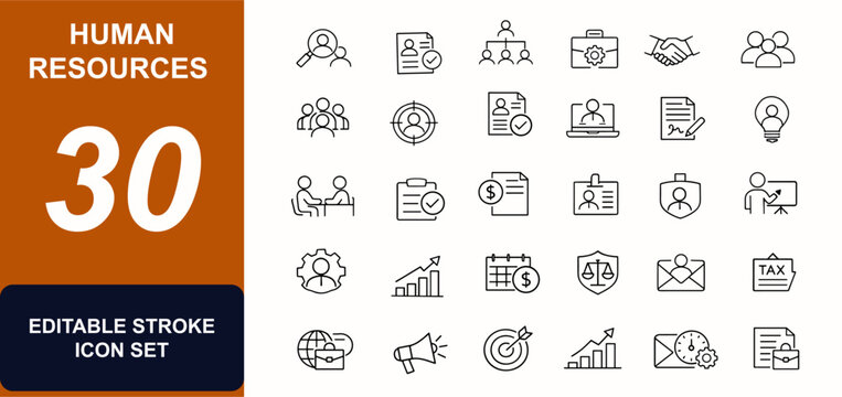 Human resources web icons in line style. Recruitment, employee contract, interview, payroll, talent, resume, office management. Editable stroke. Vector illustration.