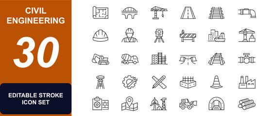 Civil engineering web icons in line style. Blueprint, bridge, crane, highway, railway, pipeline, contractor, infrastructure. Editable stroke. Vector illustration. © JIm Studio
