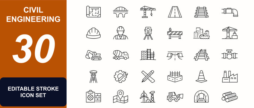 Civil engineering web icons in line style. Blueprint, bridge, crane, highway, railway, pipeline, contractor, infrastructure. Editable stroke. Vector illustration.