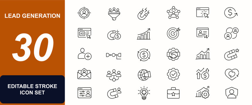 Lead generation web icons in line style. Customer acquisition, sales funnel, growth chart, campaign outreach, revenue magnet, client retention. Editable stroke. Vector illustration.