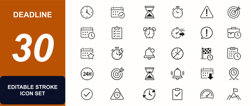 Deadline web icons in line style. Timer, calendar, hourglass, schedule, due date, task alert, office planner, countdown. Editable stroke. Vector illustration.