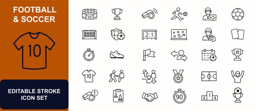 Football and soccer web icons in line style. Stadium, trophy, referee, player, coach, ball, league, whistle, strategy, goal. Editable stroke. Vector illustration.