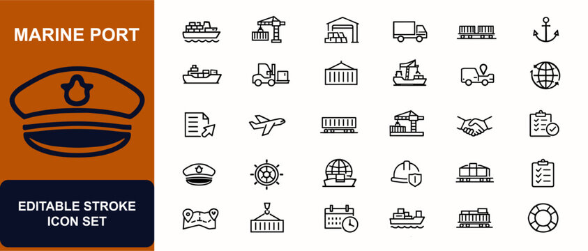 Marine port web icons in line style. Container ship, cargo crane, harbor freight, logistics transport, export import, warehouse, tanker safety. Editable stroke. Vector illustration.