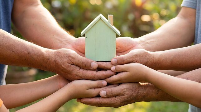 Close Up of Multi-Generational Hands Supporting a Green Wooden House Model for Future Home and Family Concept