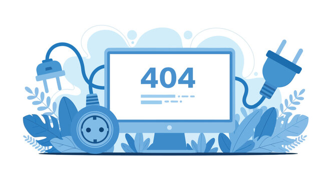 Vector illustration of a 404 error page on a computer monitor with unplugged cables, symbolizing a lost connection or page not found