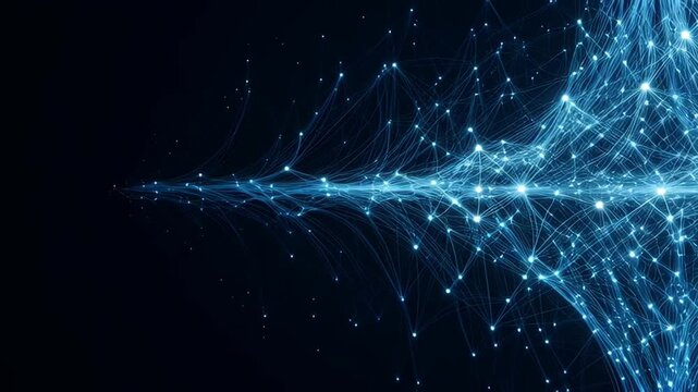 Glowing blue digital network nodes and connecting lines expanding on dark black background with copy space