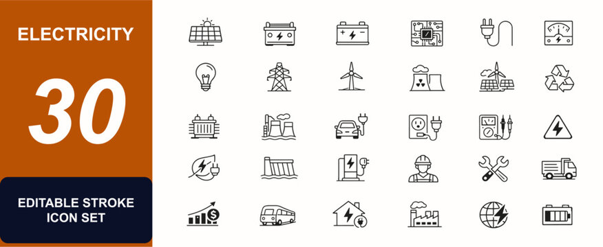 Electricity web icons in line style. Solar panel, generator, battery, circuit board, power plug, voltage meter, renewable system. Editable stroke. Vector illustration.