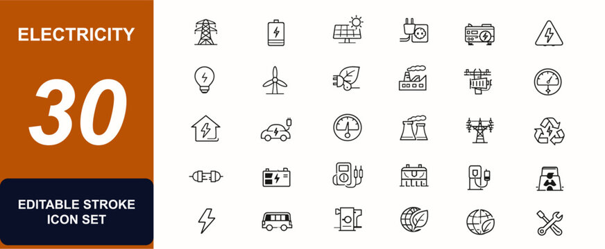 Electricity web icons in line style. Power grid, battery charge, solar panel, plug socket, generator, green energy, voltage meter. Editable stroke. Vector illustration.