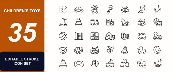 Children’s toys web icons in line style. Puzzle blocks, toy car, doll, rattle, robot, kite, scooter, learning game, toddler play set. Editable stroke. Vector illustration.