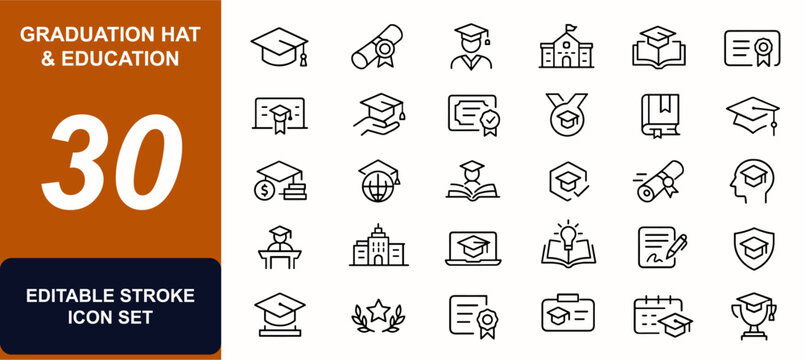 Graduation hat and education web icons in line style. Diploma, student ceremony, university degree, scholarship book, school cap, certificate award. Editable stroke. Vector illustration.