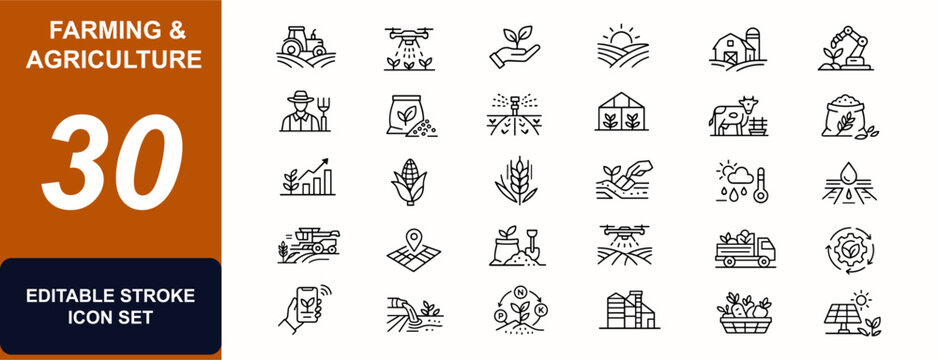 Farming and agriculture web icons in line style. Tractor, drone, harvest, agronomy, organic crop, rural field, seed, barn, robotics. Editable stroke. Vector illustration.