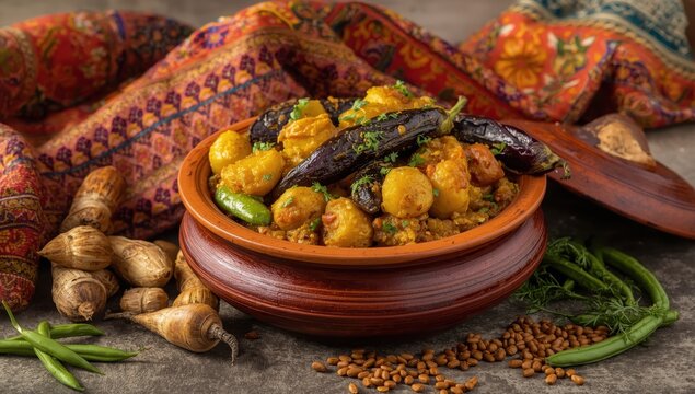 Profile view of Undhiyu, a popular Gujarati winter dish made with various vegetables, set against traditional Gujarati fabric