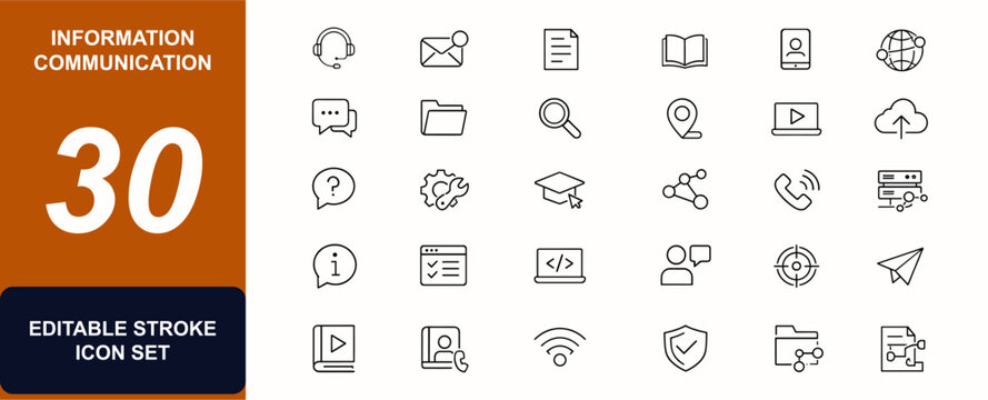 Information communication web icons in line style. Support service, message mail, document file, education book, phone contact, data network. Editable stroke. Vector illustration.