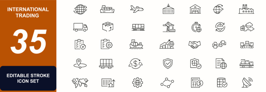 International trading web icons in line style. Cargo logistics, export import, freight transport, supply chain, port crane, contract. Editable stroke. Vector illustration.