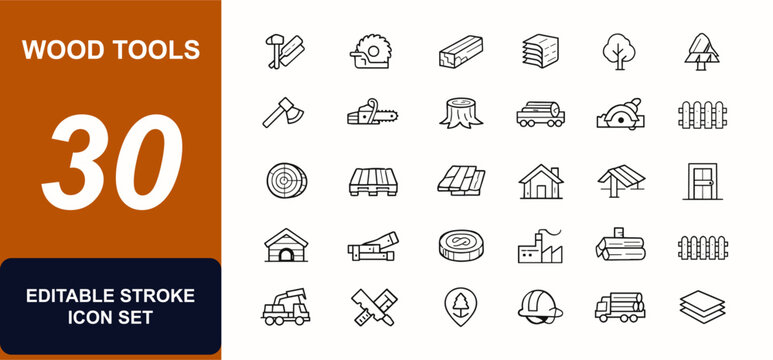 Wood tools and materials web icons in line style. Carpenter, timber plank, forestry saw, hardwood beam, veneer sheet, log cutting, fence door. Editable stroke. Vector illustration.
