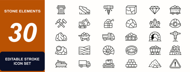 Stone elements web icons in line style. Marble, quarry, drilling equipment, granite block, diamond, mining cart, geology tools, transport cargo. Editable stroke. Vector illustration. © Icons studio