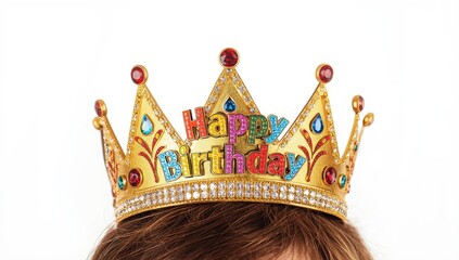 Detail of a head crown for birthdays featuring a colorful golden "Happy Birthday" on a white backdrop