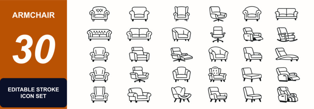 Classic vintage armchair web icons in line style. Leather couch, office furniture, cabinet decor, apartment seating, luxury lounge, home interior. Editable stroke. Vector illustration.