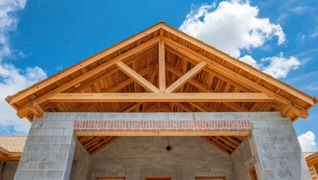 A wooden roof truss in a building site, walls of aerated concrete blocks, unfinished window spaces, a reinforced brick beam, clear blue sky above