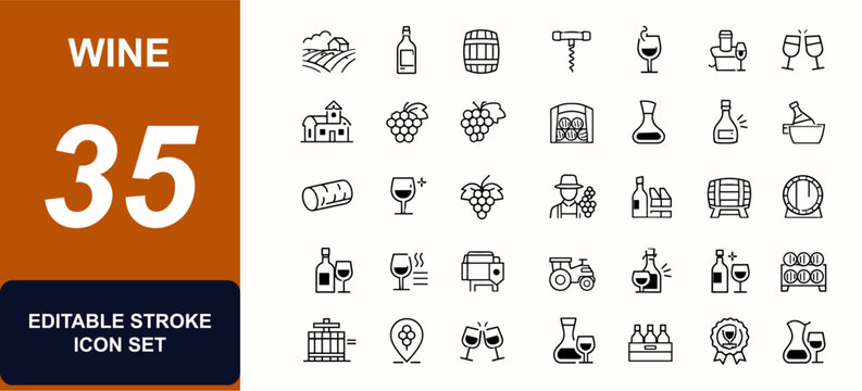 Wine web icons in line style. Vineyard, bottle, barrel, corkscrew, tasting, champagne, winery, grape, cellar, glass. Editable stroke. Vector illustration.