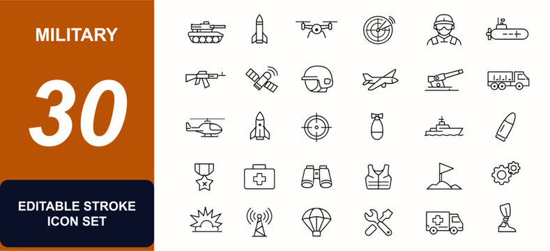 Military web icons in line style. Tank, missile, drone, radar, soldier, submarine, rifle, satellite, helmet, aircraft. Editable stroke. Vector illustration.