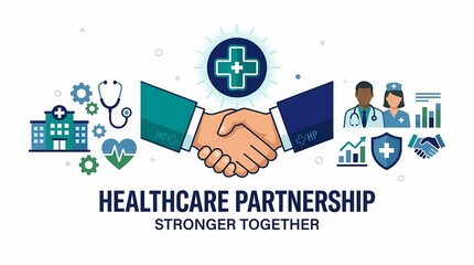 Fototapeta premium Illustration of a healthcare partnership with a handshake, medical symbols, and 