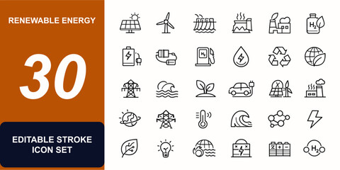 Renewable energy web icons in line style. Solar panel, wind turbine, battery storage, hydrogen fuel, recycling symbol, clean power. Editable stroke. Vector illustration. © JIm Studio