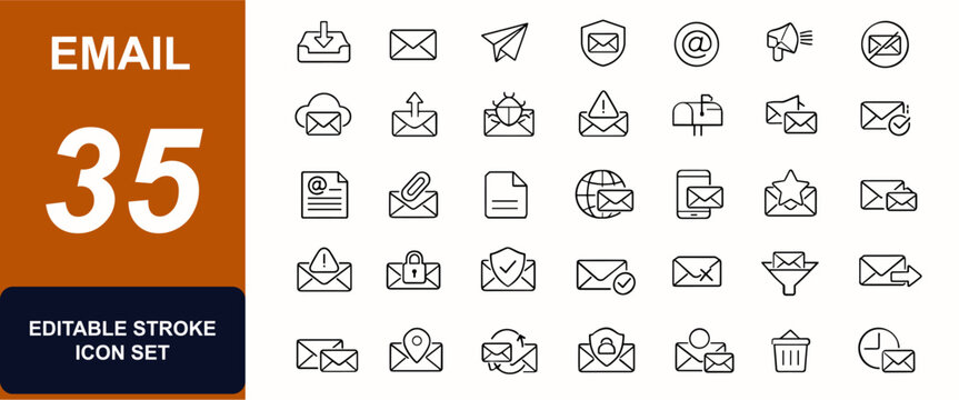 Email web icons in line style. Inbox, envelope send, secure mail, spam filter, mailbox, newsletter, document attach. Editable stroke. Vector illustration.
