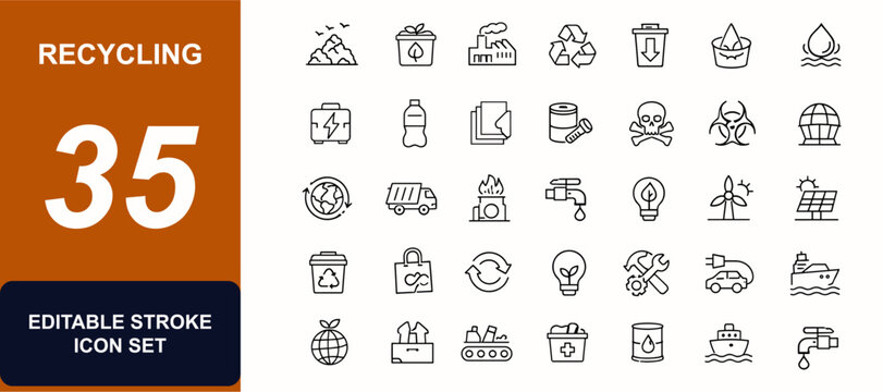 Recycling and waste management web icons in line style. Landfill, compost, pollution, disposal, reuse, battery, plastic, paper, metal. Editable stroke. Vector illustration.