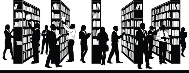 Library people silhouettes reading books among bookshelves students studying knowledge education concept vector illustration set © meri999