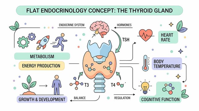 Flat endocrinology concept illustrating the functions and regulation of the thyroid gland and its impact on metabolism, growth, heart rate, and cognitive function.