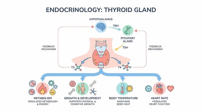 Detailed diagram illustrating the endocrine system's regulation of the thyroid gland and its impact on various bodily functions.