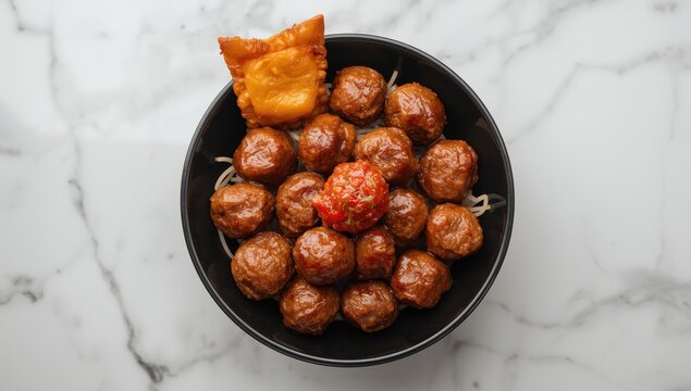 Aerial view of a bowl of Bakso with assorted beef meatballs, rice noodles, and a crunchy wonton, topped with spicy chili sambal