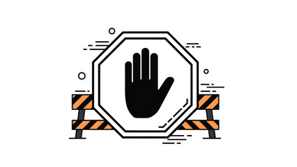 Fototapeta premium Black hand gesture in a stop sign octagon placed in front of a construction barrier with orange and black caution stripes.