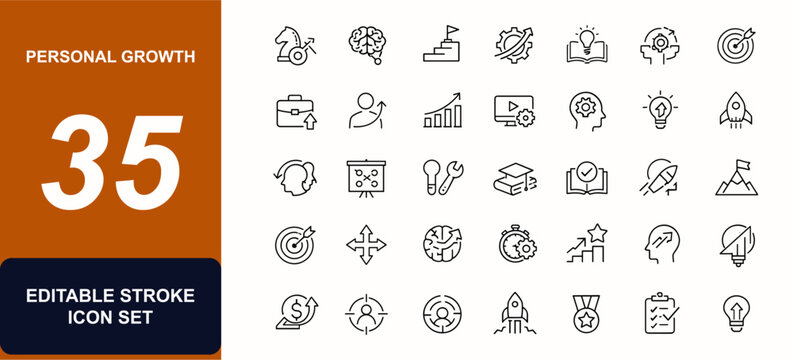 Personal growth web icons in line style. Strategy, brain, career progress, skill training, education tools, productivity, success goal. Editable stroke. Vector illustration.