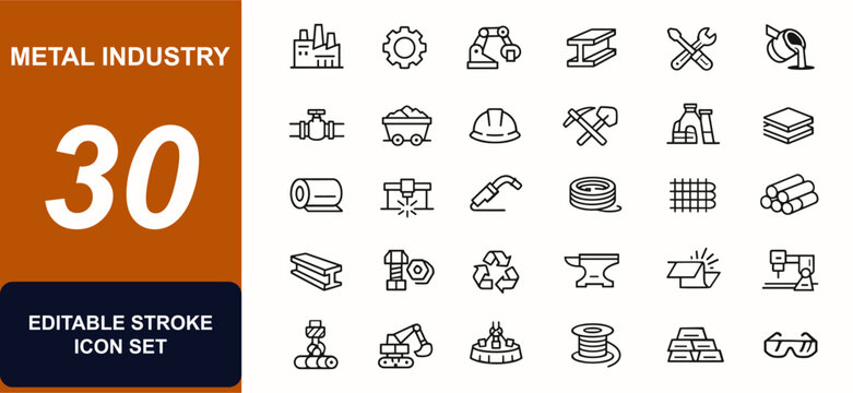Steel and metal industry web icons in line style. Machinery, gear, pipeline, metallurgy, construction, mining, recycling, sheet, factory icons. Editable stroke. Vector illustration.