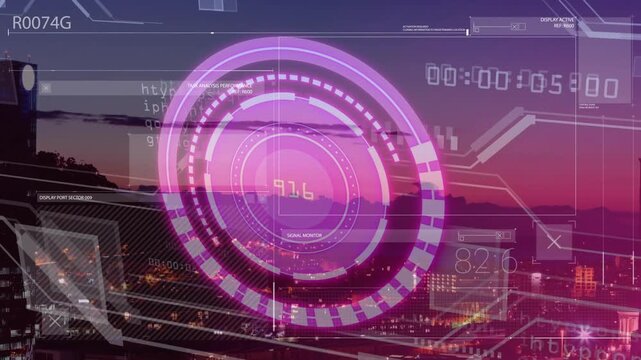 Starting magenta HUD over dusk skyline, rings rotating panels updating timer advancing for tech use